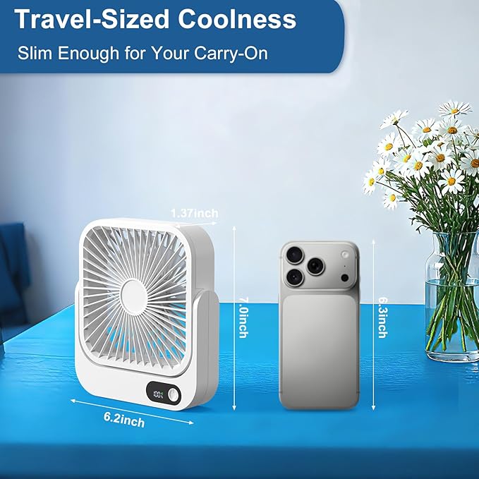 Portable Magnetic Travel Fan, 5000mAh Rechargeable Battery Powered, Mini Personal Travel Fan for Sleeping Attach Magnetically&Desk Use, Essentials for Italy European Travel Plane Hotel