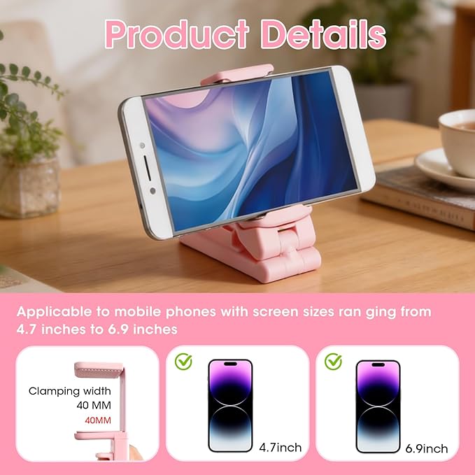Airplane Phone Holder, Foldable Phone Holder for Airplane Seat Back Luggage Pole Desk 360° Rotation for Multi-Directional Viewing, Travel Essentials Holds Cell Phones (Black & Pink 2pcs)