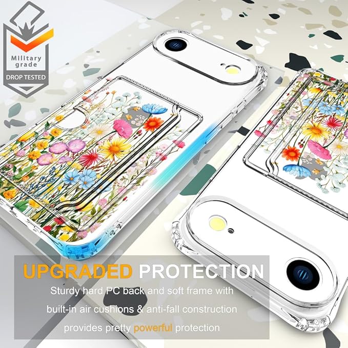 Compatible with iPhone 17 Air Case Card Holder for Women Cute Design,Wallet Phone Cases Transparent Cool Kawaii Protective (Clear Flowers Herbs Wild Plants)