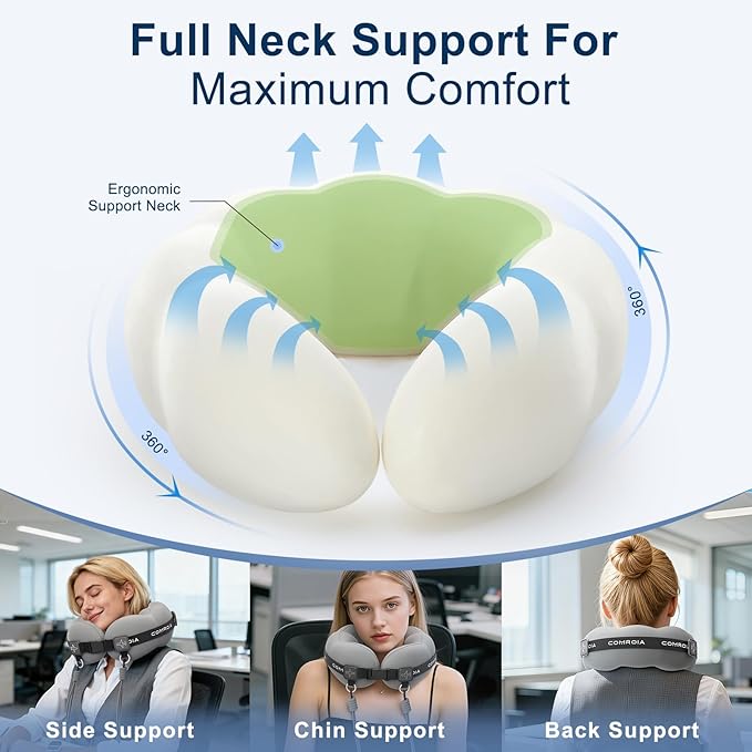 Travel Neck Pillow for Airplane Sleeping – 360° Head Support Prevents Bobbing, 100% Memory Foam Ergonomic Neck Cushion with No-Case-Needed Carry Strap for Long Flights & Car – Washable Cover (Grey)