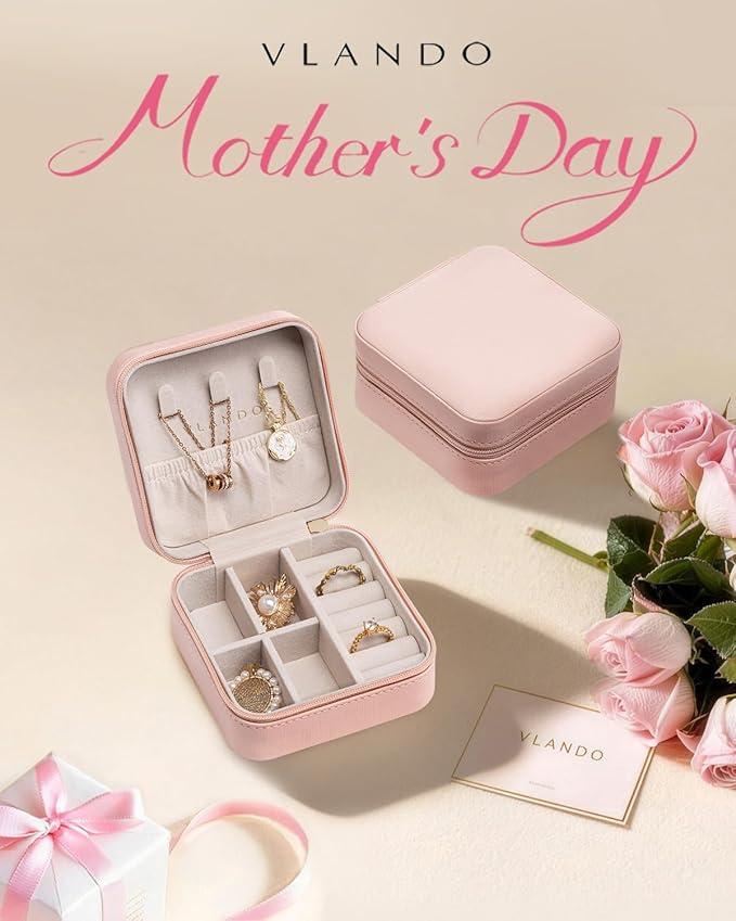 VLANDO Travel Jewelry Case - Mothers Day Mom Gifts for Women - Small Jewelry Travel Organizer Box Travel Essentials Gift for Teen Girl Women - Pink