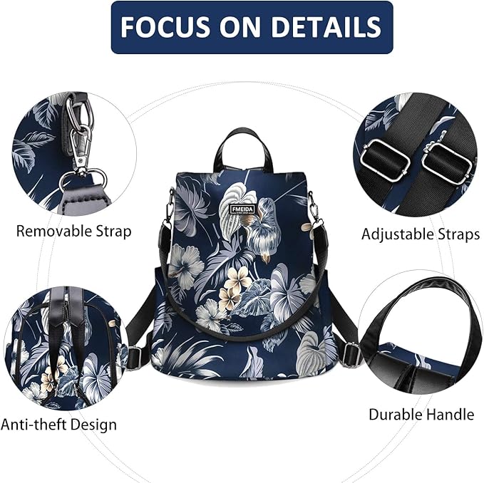Fmeida Waterproof Backpack Purse for Women Anti Theft Fashion Daypack Nylon Travel Bag Crossbody Shoulder Bag - Hawaii Flower 13"x5.9"x13.9"