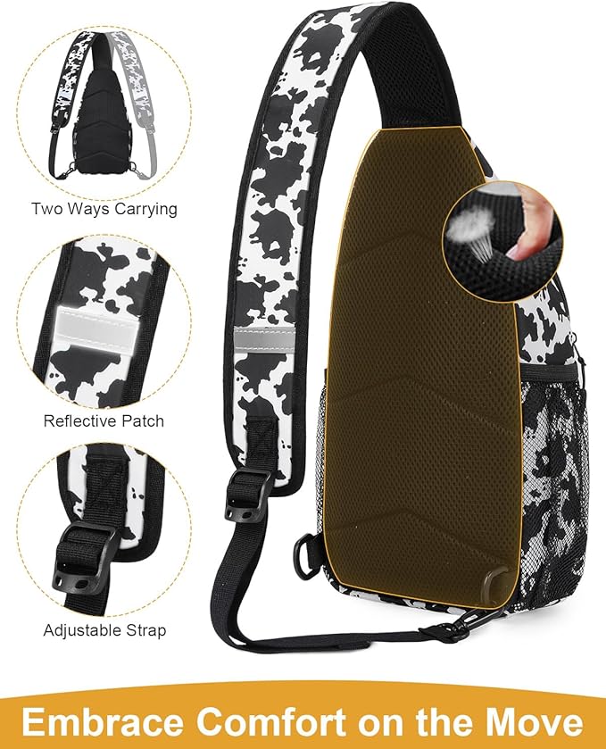 Pritent Crossbody Bags for Women Man Waterproof Sling Bag Backpack Trendy Casual Cross Body Bag with Convertible Shoulder Strap Chest Bag for Camping Hiking Travel Essentials (Cow print, Medium )