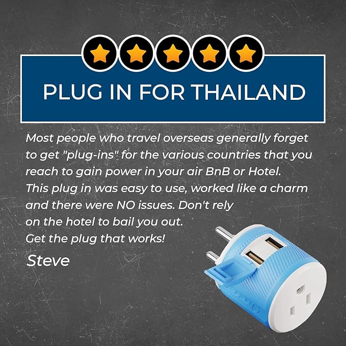OREI Thailand Travel Plug Adapter with Dual USB - USA Input - Type O (U2U-18), Will Work with Cell Phones, Camera, Laptop, Tablets, iPad, iPhone and More