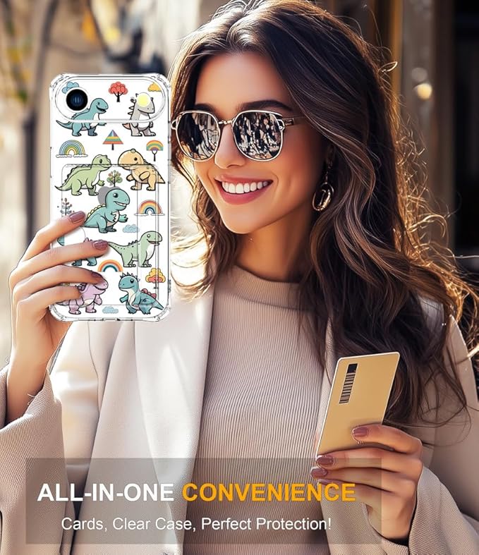 Compatible with iPhone 17 Air Case Card Holder for Women Cute Design,Wallet Phone Cases Transparent Cool Kawaii Protective (Clear Lovely Dinosaurs)