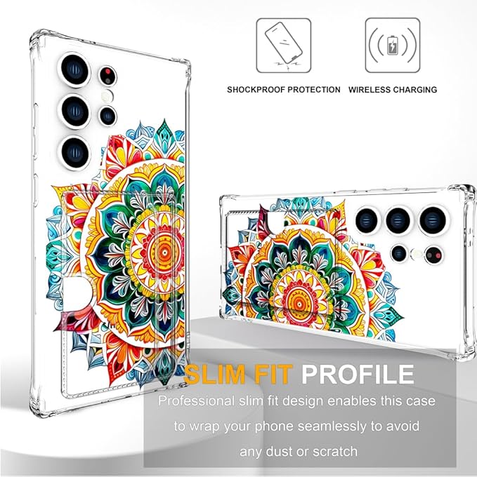 Compatible with Samsung Galaxy S24 Ultra Case Card Holder for Women Cute Design,Wallet Phone Cases Transparent Cool Kawaii Protective (Clear Mandala Henna Flower)