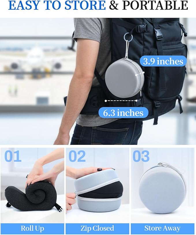 Travel Pillow for Long Flight Airplanes, Head Strap with Soft Eye Mask for Sleep, Memory Foam Travel Neck Pillow for Car Trip Essential, 360° Headrest Support to Stop Bobblehead, EVA Travel Case, Grey