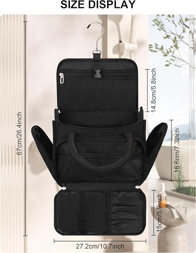 Hanging Toiletry Bag for Women - Travel Makeup Organizer with Brush Compartment, Portable Cosmetic Case with Removable Dividers for Full-Size Container, Lightweight Travel Bag for Trip - Black