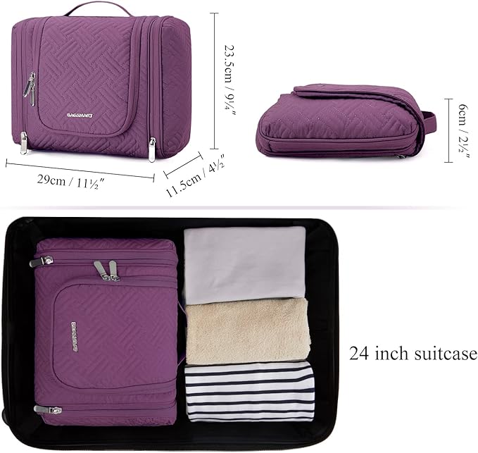 BAGSMART Atlas Travel Toiletry Bag for Women, Hanging Toiletry Bag with Hook, Travel Cosmetic Makeup Bag Travel Organizer for Accessories, Shampoo, Full Sized Container, Toiletries,Purple-Medium