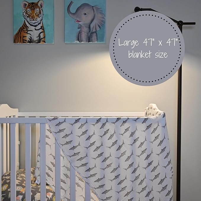 LollyBanks Muslin Swaddle Blanket, 100% Muslin Cotton Baby Blankets for Boys, 47 X 47 Inches Breathable and Soft Newborn Swaddle, Receiving Blanket for Baby, Newborn Essentials, Registry (Shark Print)