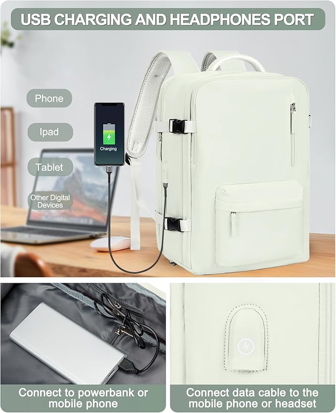 VGCUB Large Travel Backpack Bag for Women Men,Carry on Backpack,17 Inch Laptop Business Work Waterproof Backpack with Laptop Compartment,Person Item Flight Approved,Mochila de Viaje,White Expandable