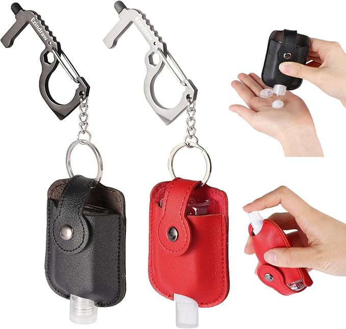 2 PCS Hand Sanitizer Keychains, Premium Leather Hand Sanitizer Holders, Travel Size Cases, Spray or Squeeze, Refillable, Red, Black, Empty