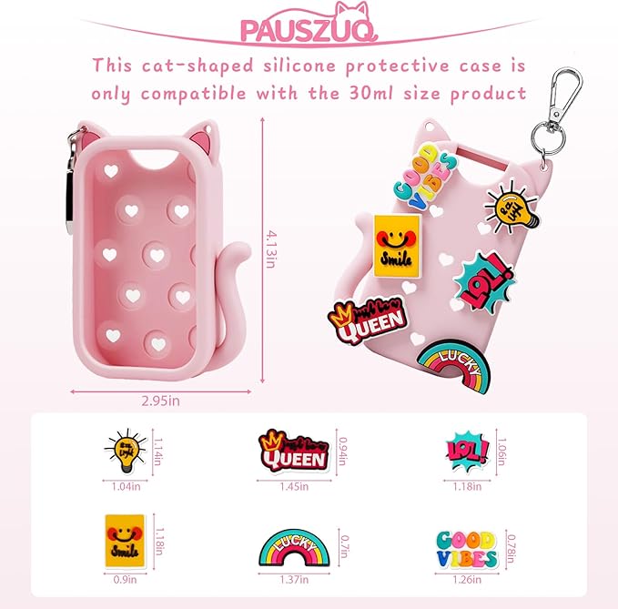 Cat Silicone Case with Keychain & 6 Accessories, Compatible with Touchland Hand Sanitizer Spray Power Mist 1 FL OZ/30ML, Featuring Croc-Style Decorative Holes (Pink)