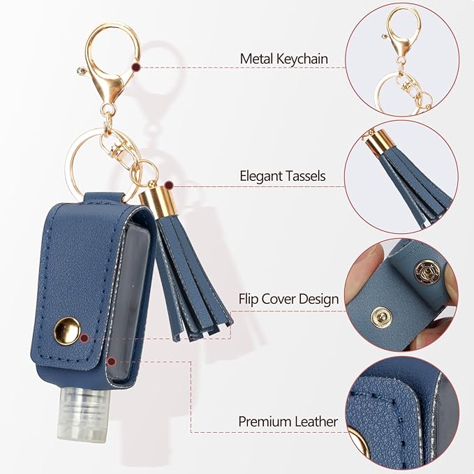Unaone 1oz/30ml Hand Sanitizer Holder Travel Size, Empty Bottle Leather Sanitizer Holder with Keychain Portable Small Squeeze Bottle Refillable Container for Toiletry Lotion Liquid Soap Shampoo Blue