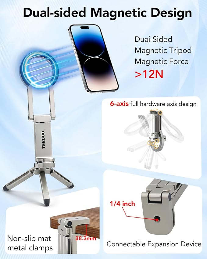 Magnetic Tripod for iPhone - Foldable Mini Pocket Phone Stand, Portable Selfie Stick Handle Grip with 360°, Airplane Travel Essentials, Phone Holders for Your Car and Gym (Silver)