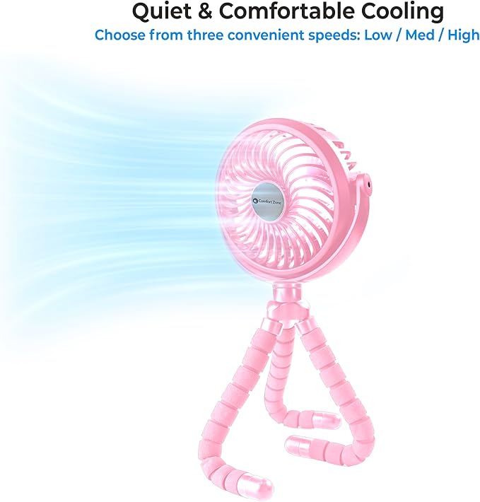 Comfort Zone Portable Stroller Fan – Rechargeable Battery Operated Clip-On Fan with 360° Flexible Tripod & LED Light – 3-Speed Cooling for Car Seats, Cribs, Treadmills & Travel – Pink