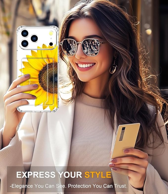 Compatible with iPhone 17 Pro Max Case Card Holder for Women Cute Design,Wallet Phone Cases Transparent Cool Kawaii Protective (Clear Sunflower Sun Flower)
