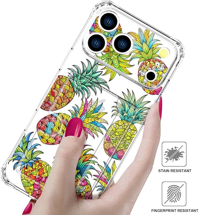 Compatible with iPhone 17 Pro Case Card Holder for Women Cute Design,Wallet Phone Cases Transparent Cool Kawaii Protective (Clear Pineapple Fruit Tropical)