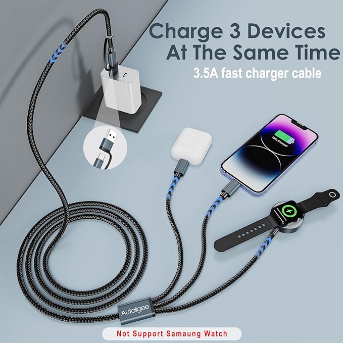 Airplane Travel Essentials 2026,Multi Charging Cable for Apple Watch Charger/iPhone Charger/USB C Charger,Cruise Gadgets RV Essentials for iWatch 10-2/iPhone 17-11/Samsung S25,for Sony PSP Cables-4FT
