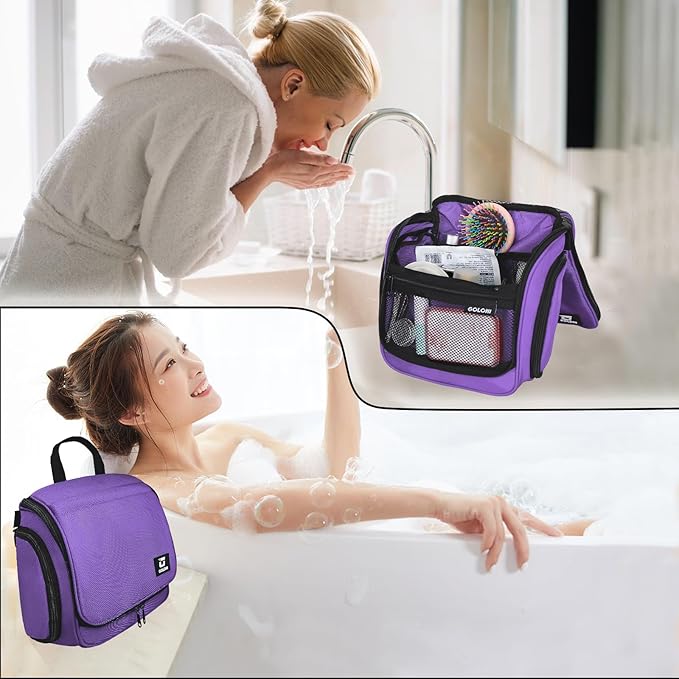 Goloni Hanging Toiletry Bag, 10 Compartments Water-Resistant Makeup Bag with 360° Spinning Metal Hook, Large Travel Cosmetic Organizer for Men & Women, Purple (7.05oz)