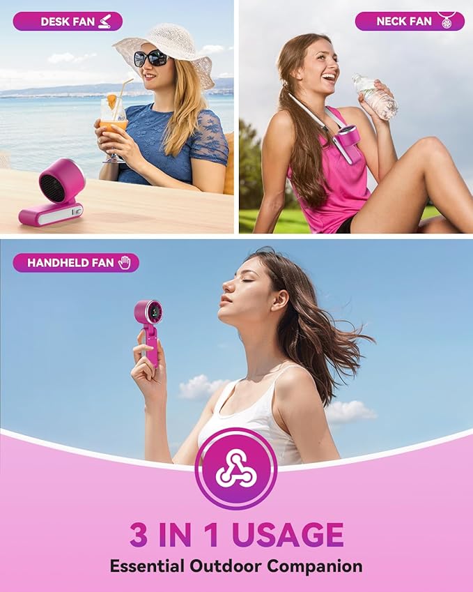 PlayHot Portable Handheld Turbo Fan, 5-Speed Personal Fans, 5000mAh Rechargeable Fans Up to 12 Hours, Weight only 0.6lb Small Fan, Hand/Neck/Desk Fan 3 IN 1, Beach Vacation Essentials(Magenta)