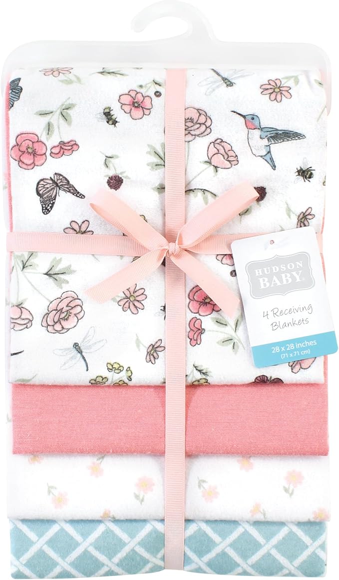 Hudson Baby Unisex Baby Cotton Flannel Receiving Blankets, Hummingbird Garden, One Size