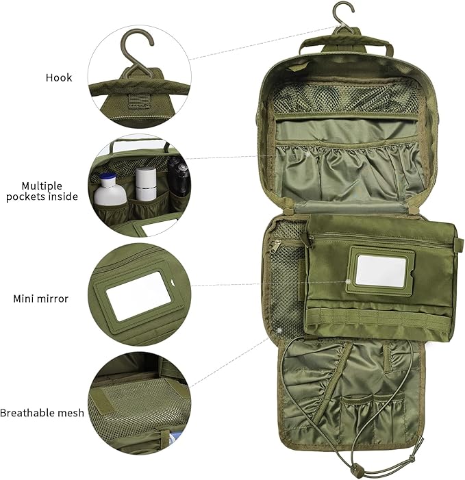 SUNRISING Tactical Toiletry Bag for Men, Hanging Travel Toiletry Organizer Dopp Kit, Shaving Hygiene Toiletries Bag, Men's Toiletry Bag for Short Trips Camping - Green