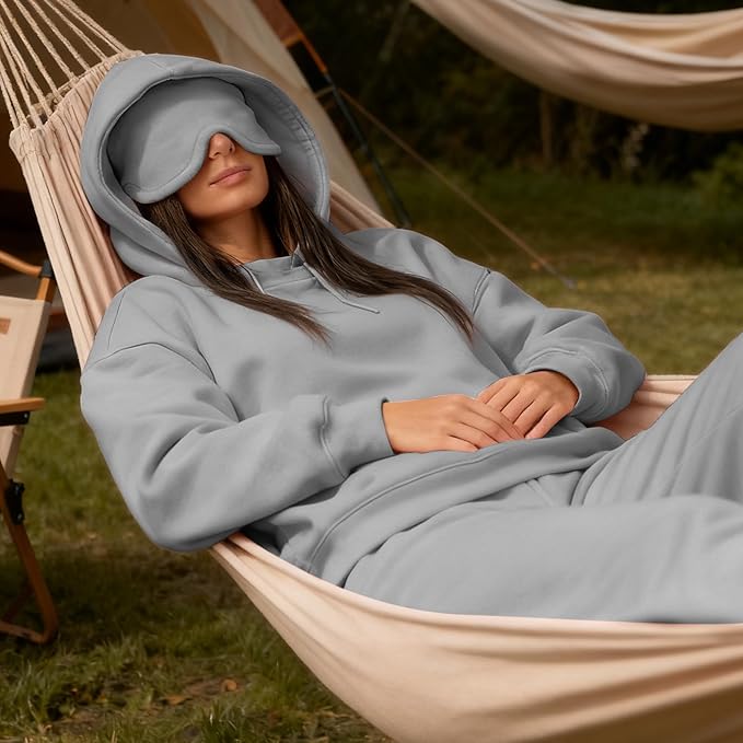 Ainangua Womens Oversized Pullover Essentials Hoodie with Eye Mask Comfor Airplane Mode Travel Office Vacation Sweatshirt