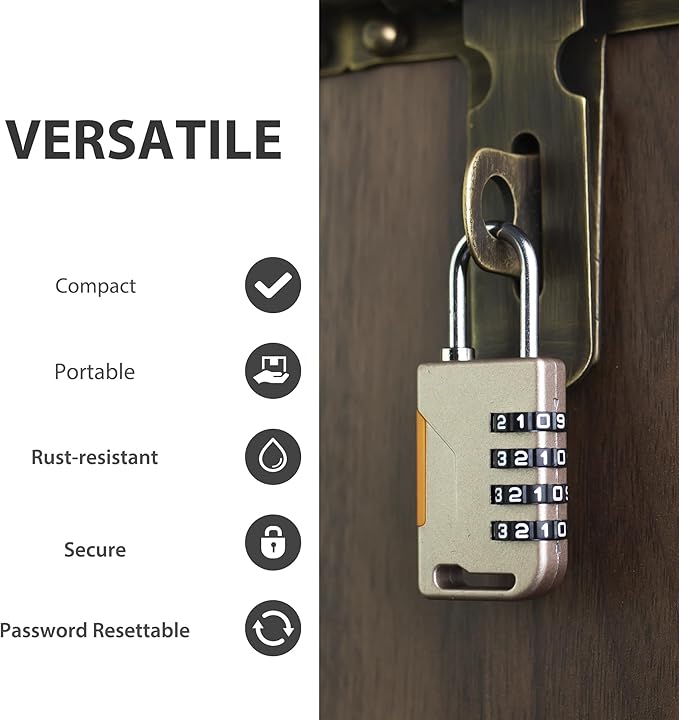 Combination Lock for Locker, Combo Gym Lock, Travel Luggage Small Padlock with Code, 4 Digit Combination Padlocks for Gym Locker, Cabinet, Storage Unit, Suitcase, Outdoor Fence (Gold)