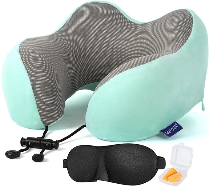 Travel Pillow,Travel Neck Pillows for Sleeping,100% Pure Memory Foam Soft Comfort & Support Pillow for Airplane/Car/Office&Home Rest Use-Blue Green