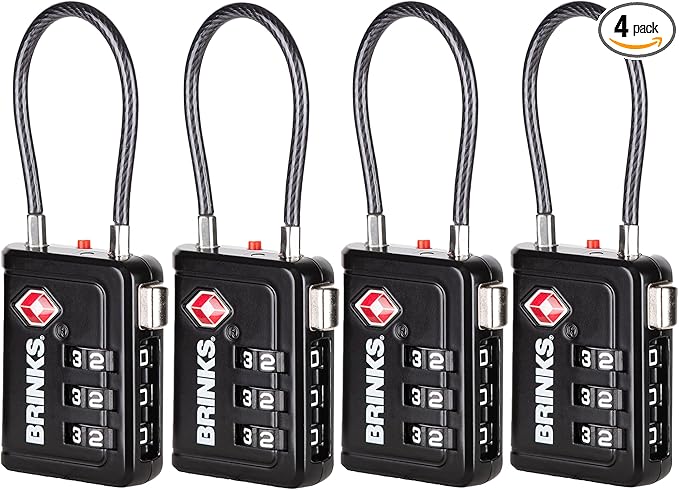 Brinks TSA Accepted Indicator Luggage Lock, Black - Resettable 3-Dial Combination, 1.5 inch Long Cable Shackle, New More Secure TSA008 Key, 4 Pack