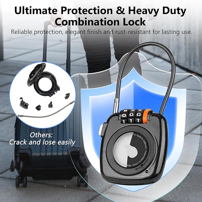Compatible with Apple AirTag Secure Lock with Wire Cable, 3-Digit Combination Luggage Locks, Alloy Body Ultra Durable Anti-Lost Protective Case for Luggage, Suitcase (Black/White/Green/Grey)