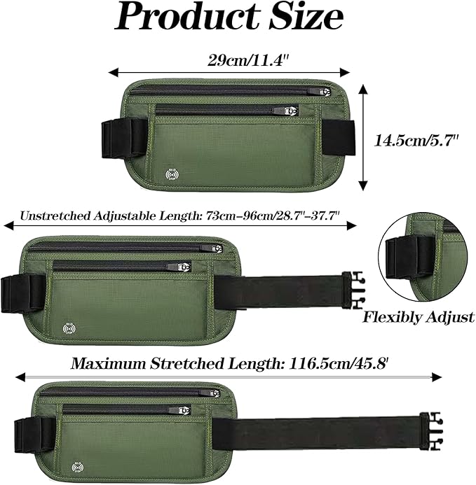 Green Hidden Money Belt for Travel for Men, Waist Wallet Anti Theft, RFID Passport Holder For Travel Men Or Women, Money Pouch, RFID Passport Holder