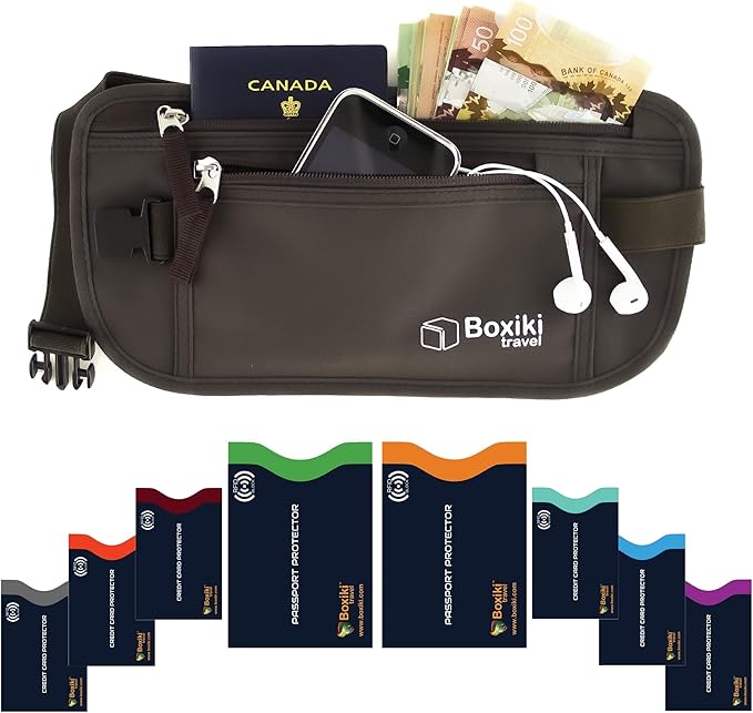 Boxiki Travel Brown Money Belt with RFID Sleeves Set - 8 Pcs Navy Blue | Secure Waist Bag and RFID Card Holder for Men and Women