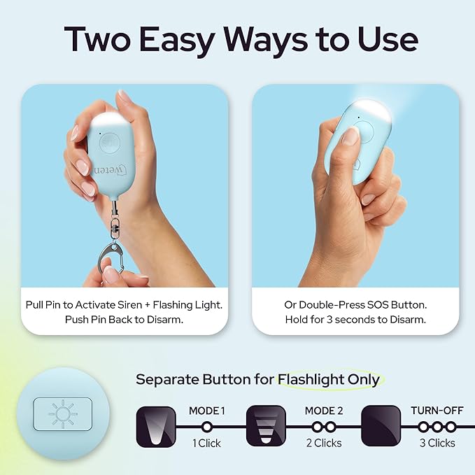 Weten Rechargeable Personal Alarm Keychain - 130dB Siren & LED Light - 2 Pack Personal Safety Alert for Women to Carry - Panic Button Alarm for Security - Rape Whistle for Self Defense (Pink&Blue)