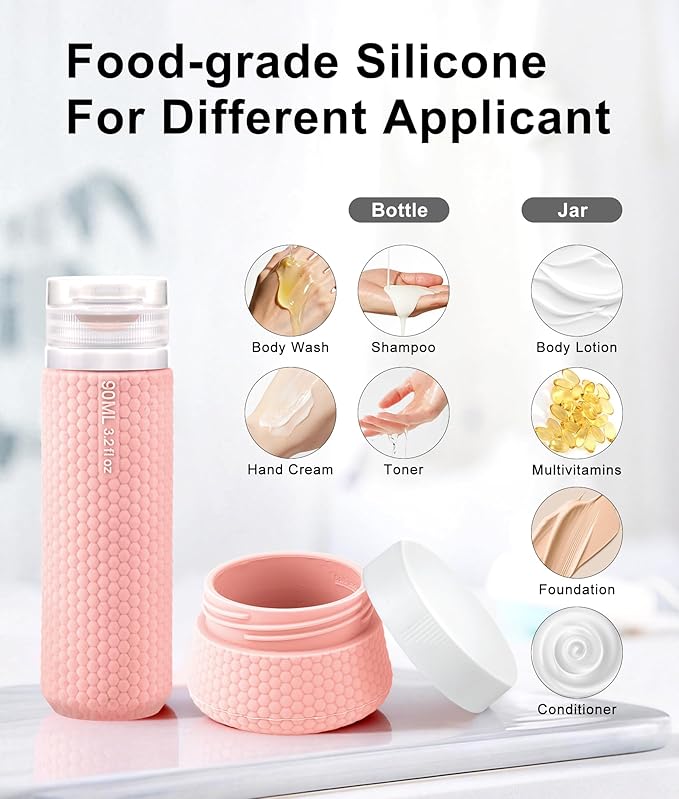 Travel Bottles for Toiletries 2oz 90ml 2 Pack + Cosmetic Jar 40ml 1.35oz 2 Pack Luxury Leather Pattern, Anti-slip Silicone Premium Refillable Bottle Set with Facial Brush for Gym Men Women