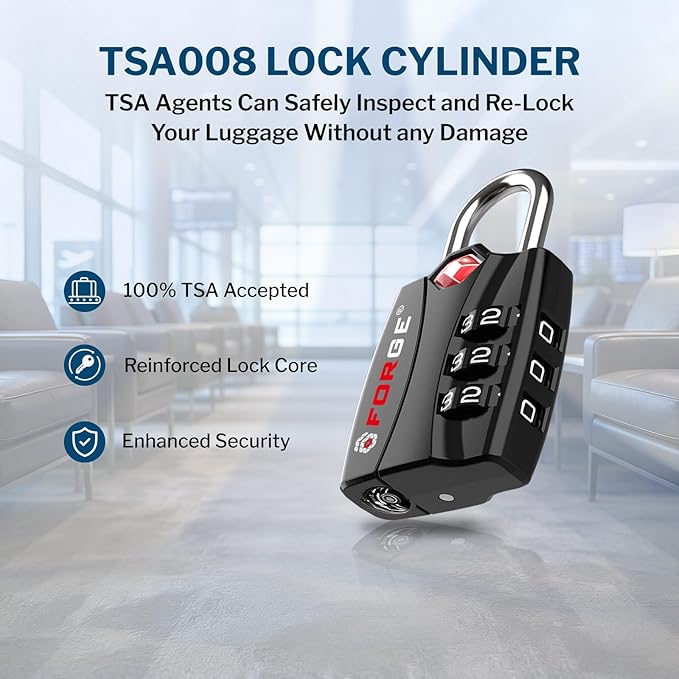 Forge Open Alert TSA Approved Luggage Locks - 3 Digit Combination, Easy Read Dials, Zinc Alloy Body - Ideal Travel Lock for Luggage, Suitcases, Bags & Toolboxes (Black 4 Locks)