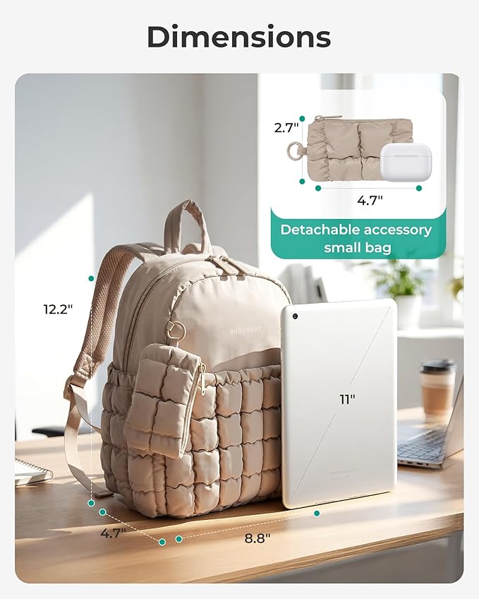 BAGSMART Mini Backpacks for Women, Puffy Checkered Quilted Small Backpack with Pouch, Lightweight Daypack Purse, Water-Resistant Bookbag for Daily Travel College, 2-in-1 Set, Sage Green