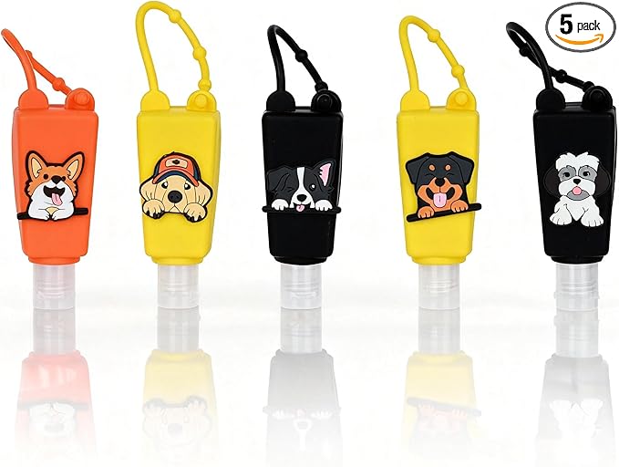 5-Pack Cartoon Kids Hand Sanitizer Holder, 30ml Travel Size Refillable Bottles with Silicone Case, Leak-Proof Portable Containers for Lotion & Liquid Soap (Puppy Pal)