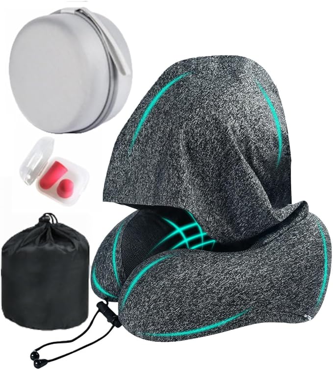Travel Neck Pillow with Extra Large Hood Rollable Airplane Hooded Neck Pillow with Memory Foam Filling and Removable, Skin-Friendly Cover with a Carrying Case & Pouch (Cationic)