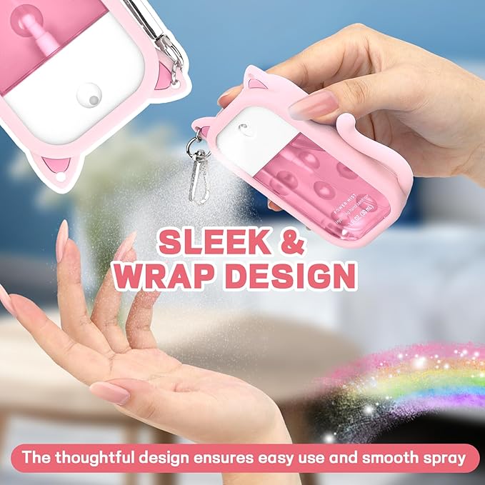 Cat Silicone Case for Touchland Hand Sanitizer Spray with Keychain,Compatible with Mist 1FL OZ/30ML for Touchland Case,4 Cute Charms Accessory sanitizer holder for touchland(1PCS Pink)
