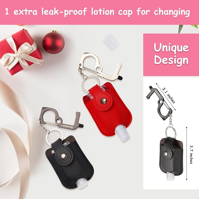 2 PCS Hand Sanitizer Keychains, Premium Leather Hand Sanitizer Holders, Travel Size Cases, Spray or Squeeze, Refillable, Red, Black, Empty