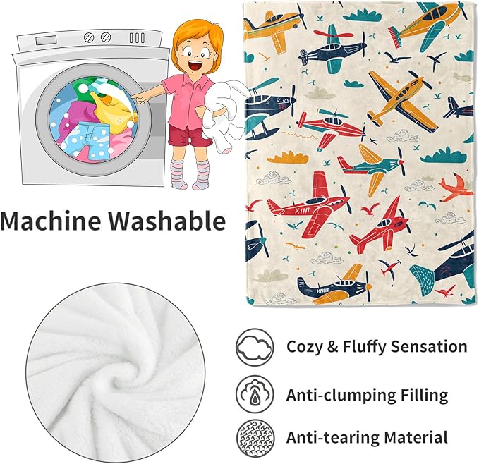 Airplane Blanket Aviation Adventure Colorful Planes and Clouds Throw Blankets Gifts for Kids Boys Lightweight Soft Fleece Cozy for Sofa Couch Bed Room Travel Birthday Party Decor 60x80in