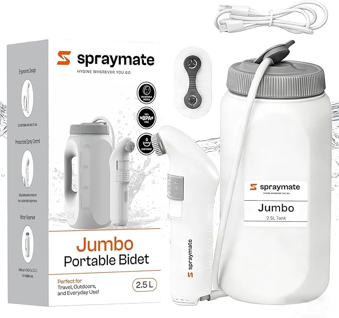 Portable Bidet for Travel & Home – Electric High Pressure Rechargeable Bidet for Women & Men | 2.5L Bottle | 1300ML/Min Flow | USB-C | 1600mAh Battery | USA Brand – Spray Mate Jumbo (White)