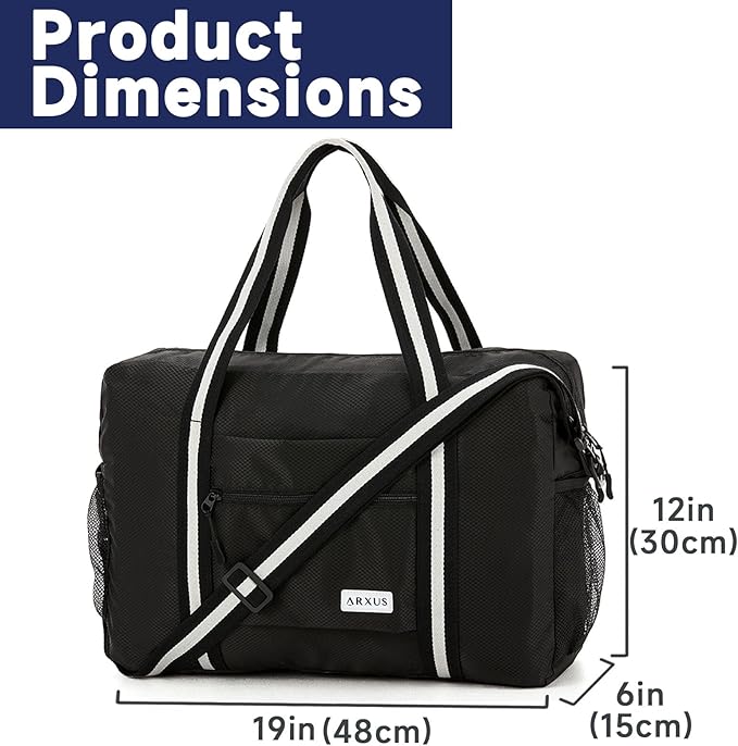 Arxus Foldable Tote Bag for Travel Expandable Lightweight Carry On Luggage 22L Packable Duffle Bag for Traveling