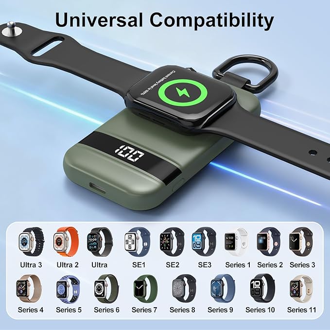 Portable Charger for Apple Watch, 2500mAh & Digital Display – Magnetic Fast Charging iWatch Charger for Travel – for Apple Watch Series 1-11/SE1-3/Ultra 1-3 (Dark Green)