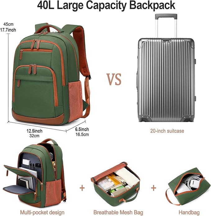BOVIP Travel Backpack For Men Women,40L Carry On Backpack Flight Approved,TSA Personal Item Travel Bag Fits 17 Inch Laptop,Business Weekender Overnight Daypack Green