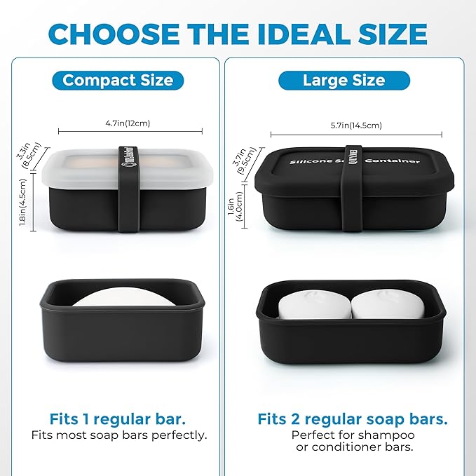 Compact Leakproof Travel Soap Case with Lid & Silicone Strap - Portable Draining Soap Bar Holder for Gym, Bathroom, Camping - Lightweight Silicone Soap Dish Container (Black)