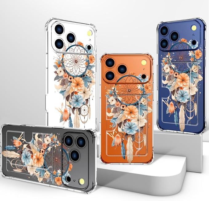 Compatible with iPhone 17 Pro Max Case Card Holder for Women Cute Design,Wallet Phone Cases Transparent Cool Kawaii Protective (Clear Dreamcatcher Dream Cather)