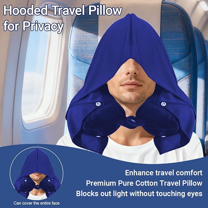 Travel Pillow with Removable Large Hood, Memory Foam Neck Pillow for Airplane, Car, Train Travel Sleeping & Rest, with Soft Cover (Blue)